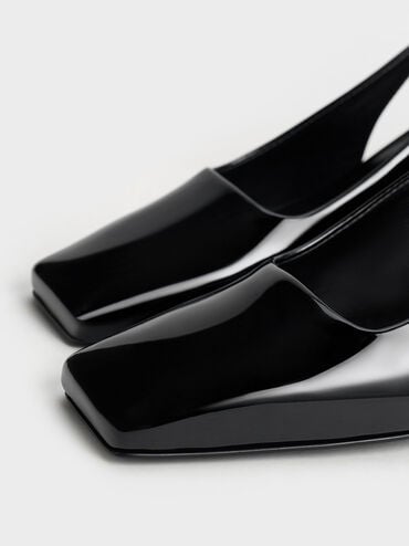 Patent Square-Toe Slingback Pumps, Black Patent, hi-res