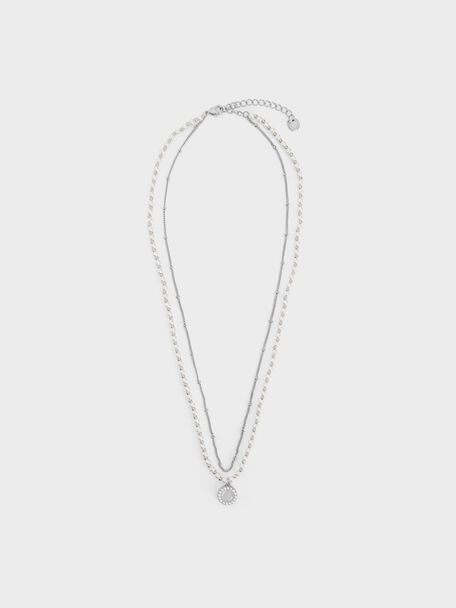 Pearl & Gemstone Double-Chain Necklace, Light Blue, hi-res