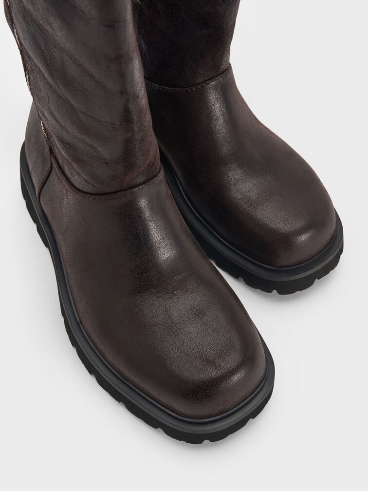 Rosamond Side-Zip Ridged-Sole Knee-High Boots, Dark Brown Textured, hi-res