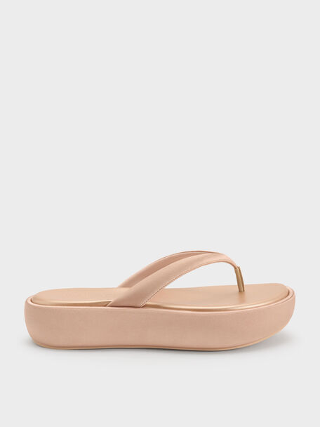 Satin Thong Flatform Sandals, Nude, hi-res