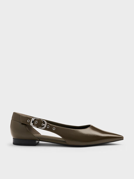 Buckled Cut-Out Ballet Flats, Olive, hi-res