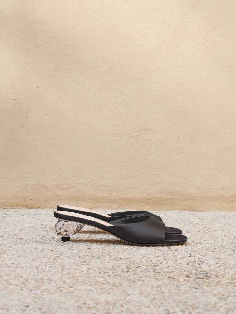 Satin Crystal-Heel Mules, Black Textured, hi-res