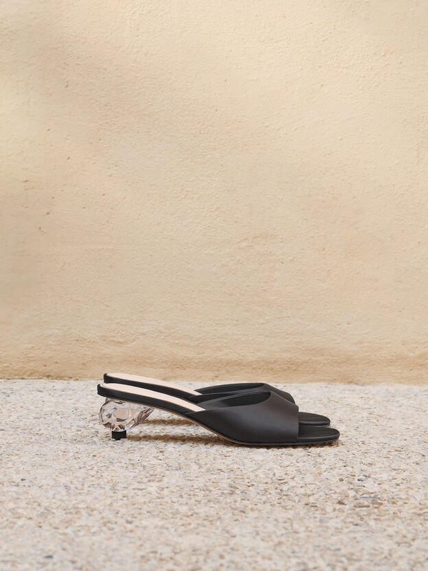 Satin Crystal-Heel Mules, Black Textured, hi-res