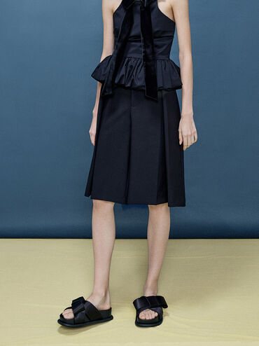 Satin Bow Flatform Sandals, Black Textured, hi-res