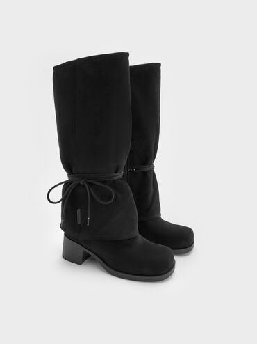 Faux Suede Tie-Around Knee-High Boots, Black Textured, hi-res