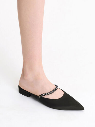 Flores Recycled Polyester Gem-Strap Flat Mules, Black, hi-res