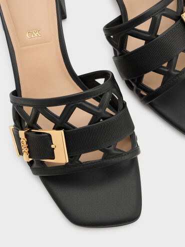 Whitney Leather Cut-Out Heeled Mules, Black, hi-res