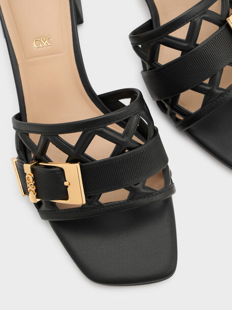 Whitney Leather Cut-Out Heeled Mules, Black, hi-res