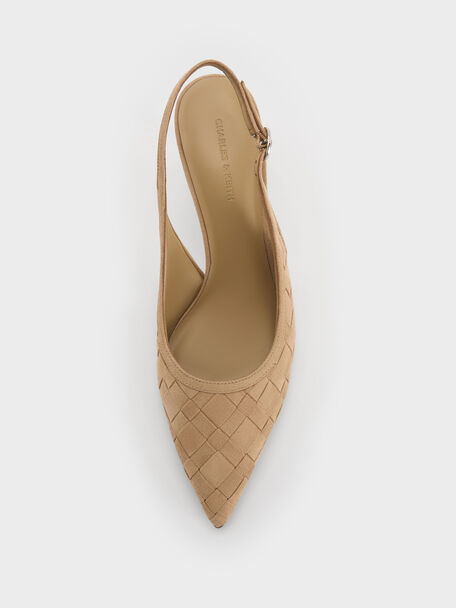 Ivette Faux Suede Woven Pointed-Toe Slingback Pumps, Sand, hi-res