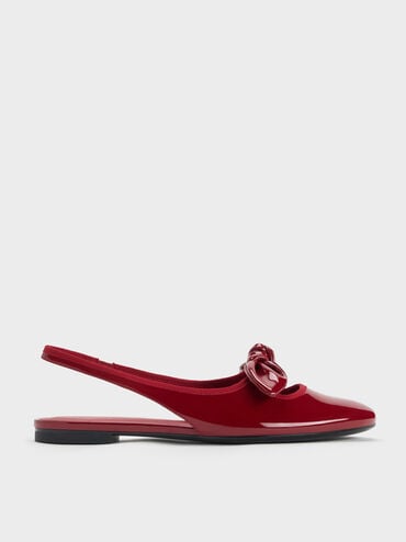 Patent Knot-Bow Slingback Flats, Red, hi-res