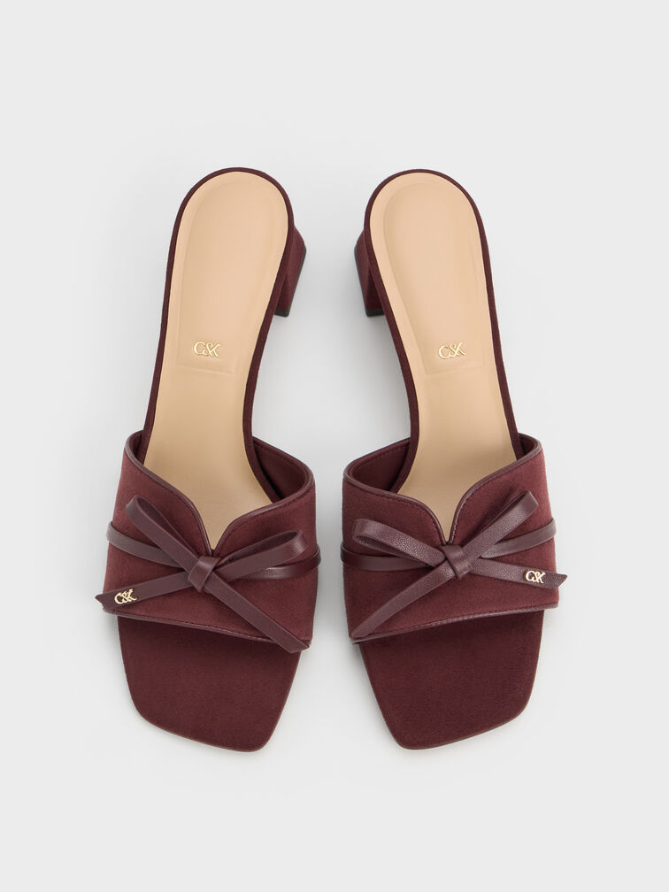 Leather & Suede Bow Heeled Mules, Burgundy, hi-res