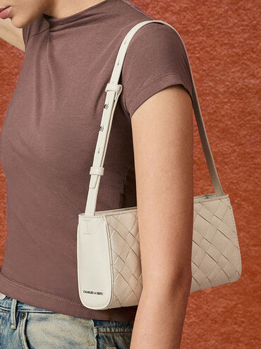 Ivette Woven Elongated Shoulder Bag, Cream, hi-res