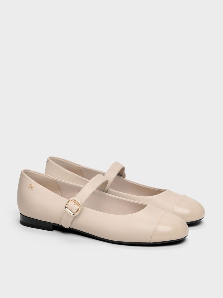Leather Cap-Toe Mary Janes, Oat, hi-res