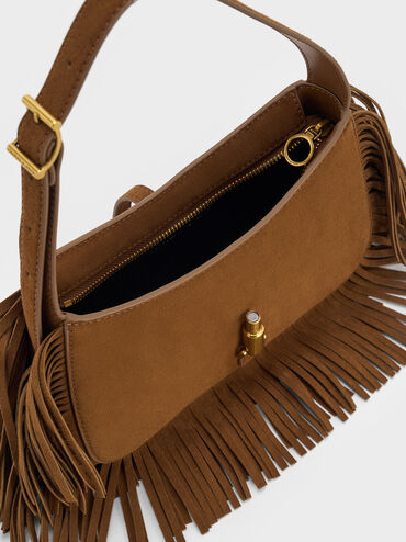 Cesia Recycled Suede Fringed Hobo Bag, Sienna Brown, hi-res