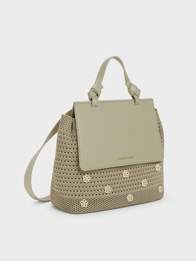 Girls' Ida Flower Knitted Backpack, Pale Olive, hi-res
