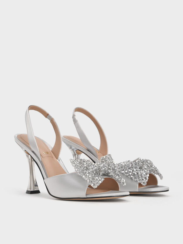 Beaded Bow Slingback Pumps, Silver, hi-res