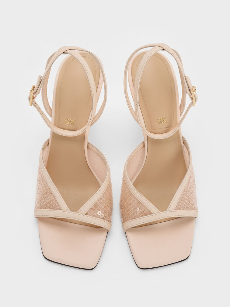 Sequin Mesh & Leather Ankle-Strap Heeled Sandals, Nude, hi-res