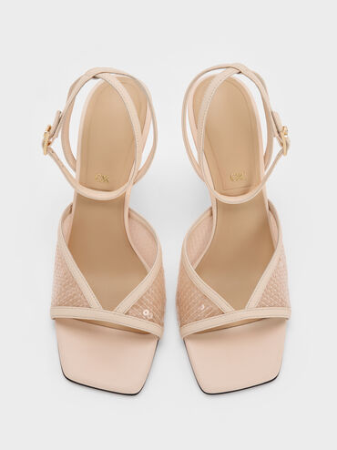 Sequin Mesh & Leather Ankle-Strap Heeled Sandals, Nude, hi-res