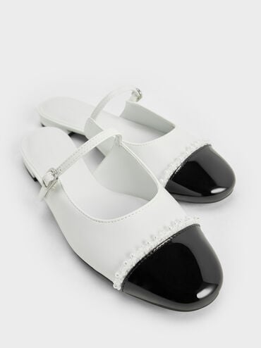 Pearl-Embellished Cap-Toe Flat Mules, White, hi-res