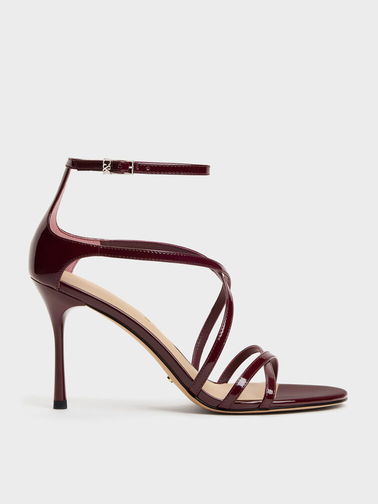 Patent Leather Strappy Stiletto Sandals, Burgundy, hi-res