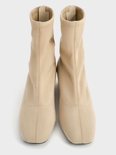 Faux Suede Stitch-Trim Heeled Ankle Boots, Sand, hi-res