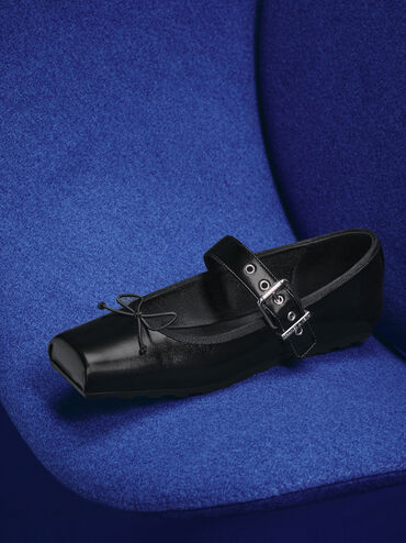 Myler Bow Square-Toe Buckled Mary Janes, Black, hi-res