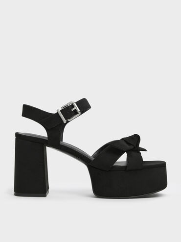 Anika Faux Suede Knot-Bow Platform Sandals, Black Textured, hi-res
