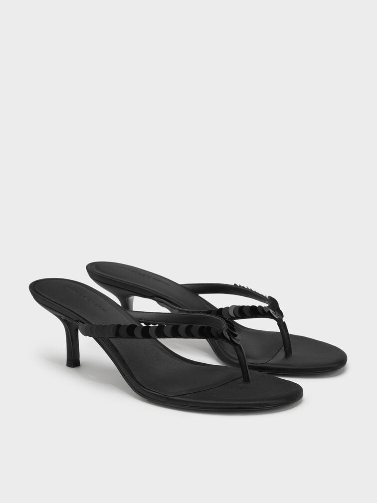 Briella Sequinned Heeled Thong Sandals, Black Textured, hi-res