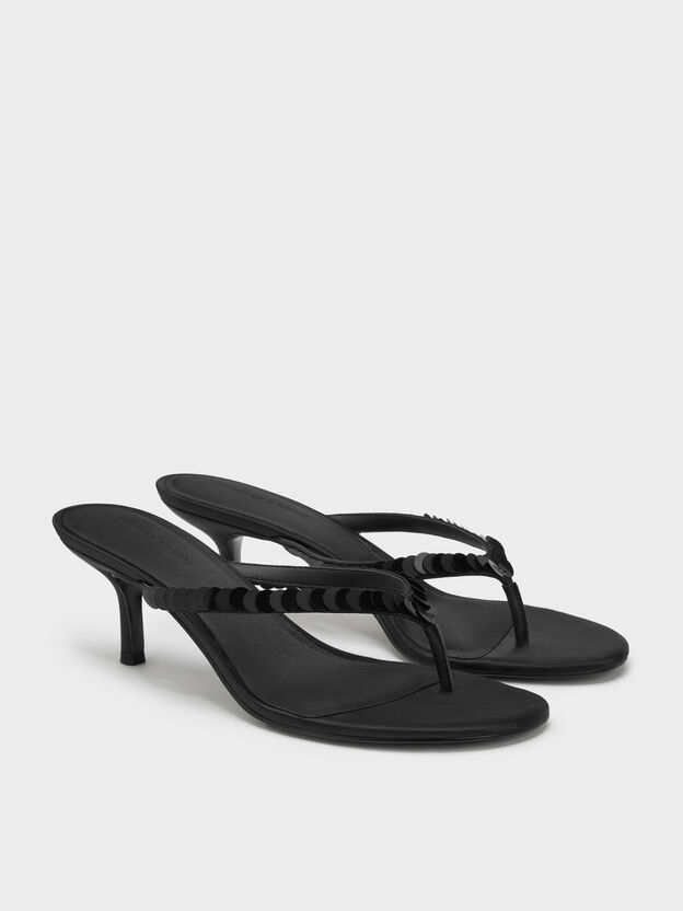 Briella Sequinned Heeled Thong Sandals, Black Textured, hi-res