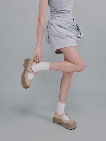 Darra Faux Suede Ridged-Sole Platform Mary Janes, Beige, hi-res
