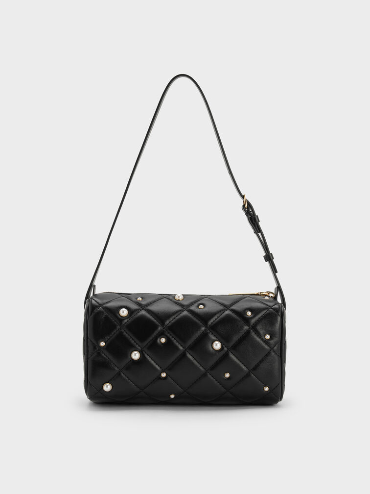 Janie Quilted Pearl Shoulder Bag, Black, hi-res