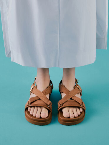 Granta Leather & Fabric Crossover Sports Sandals, Brown, hi-res