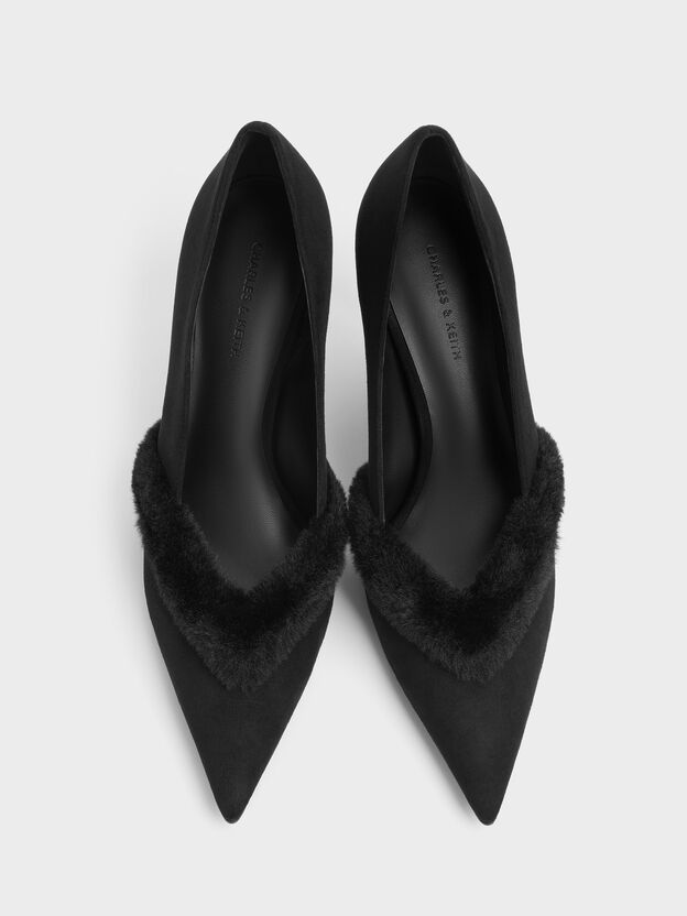 Emila Faux Suede Fur-Trim Pointed Pumps, Black Textured, hi-res