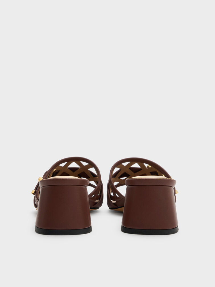 Whitney Leather Cut-Out Heeled Mules, Brown, hi-res