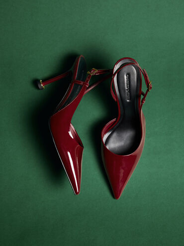 Wynn Patent Pointed-Toe Sculptural-Heel Slingback Pumps, Red, hi-res