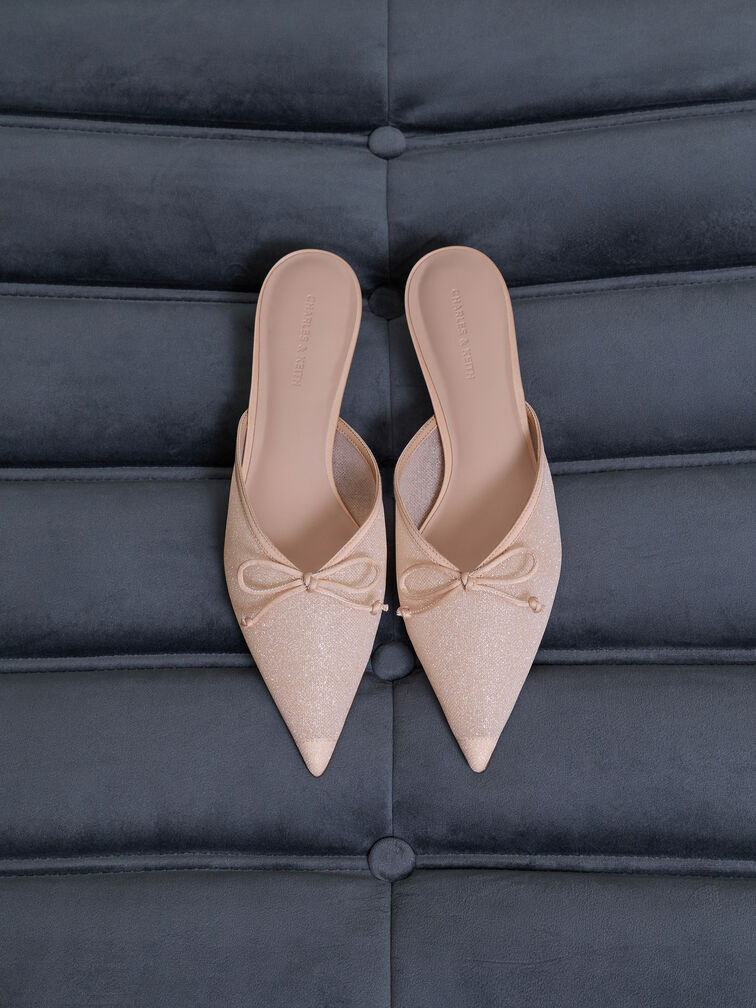 Glittered Mesh Bow Kitten Heels, Pink, hi-res