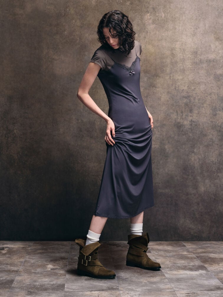 Brett Faux Suede Buckle-Strap Calf Boots, Dark Brown Textured, hi-res