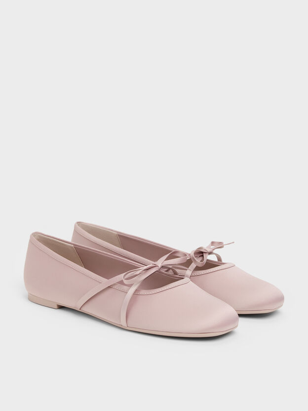 Satin Bow Ballet Flats, Pink, hi-res