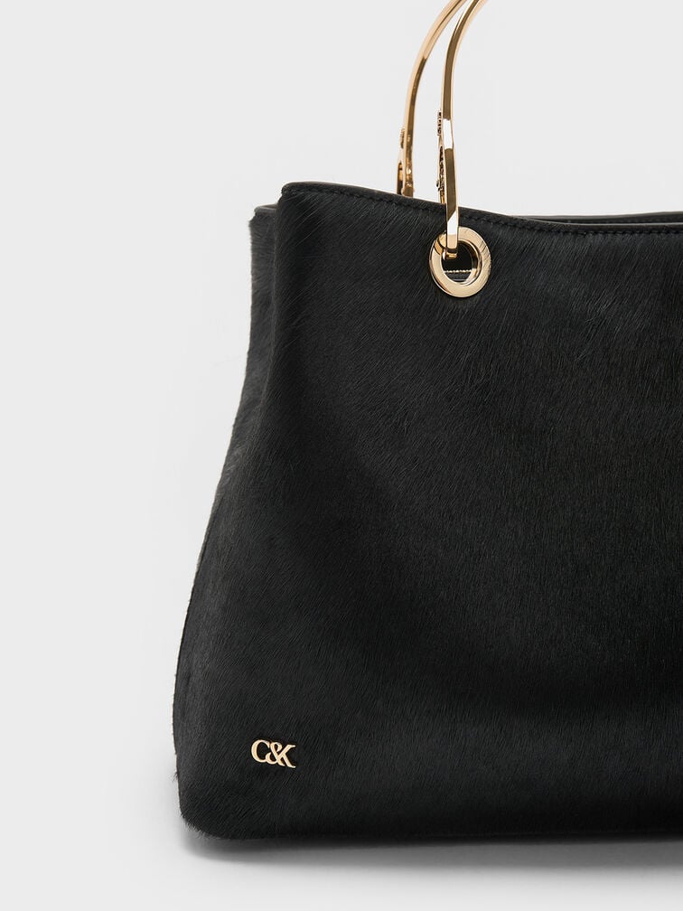 Pony Hair & Leather Ring-Handle Bag, Black, hi-res