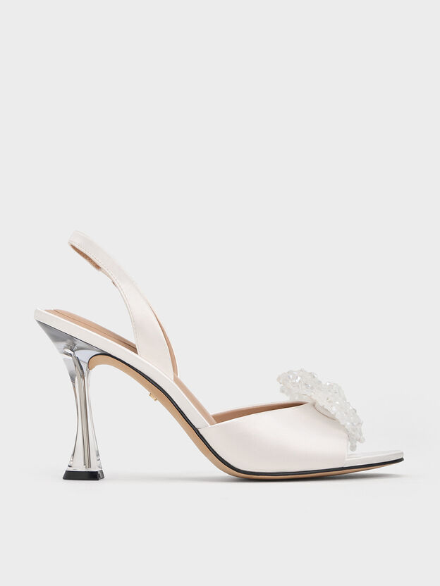 Beaded Bow Slingback Pumps, White, hi-res