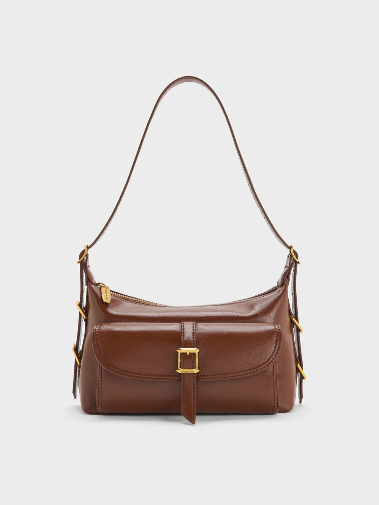 Bryna Belted Shoulder Bag, Dark Brown, hi-res