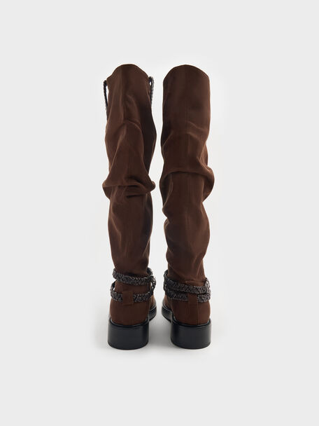 Franca Faux Suede Braided-Strap Knee-High Boots, Dark Brown Textured, hi-res
