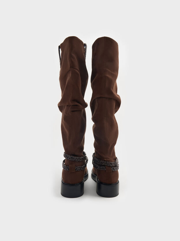 Franca Faux Suede Braided-Strap Knee-High Boots, Dark Brown Textured, hi-res