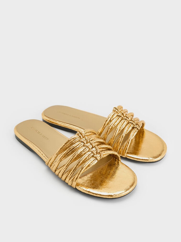 Metallic Crinkle-Effect Woven Slide Sandals, Gold, hi-res