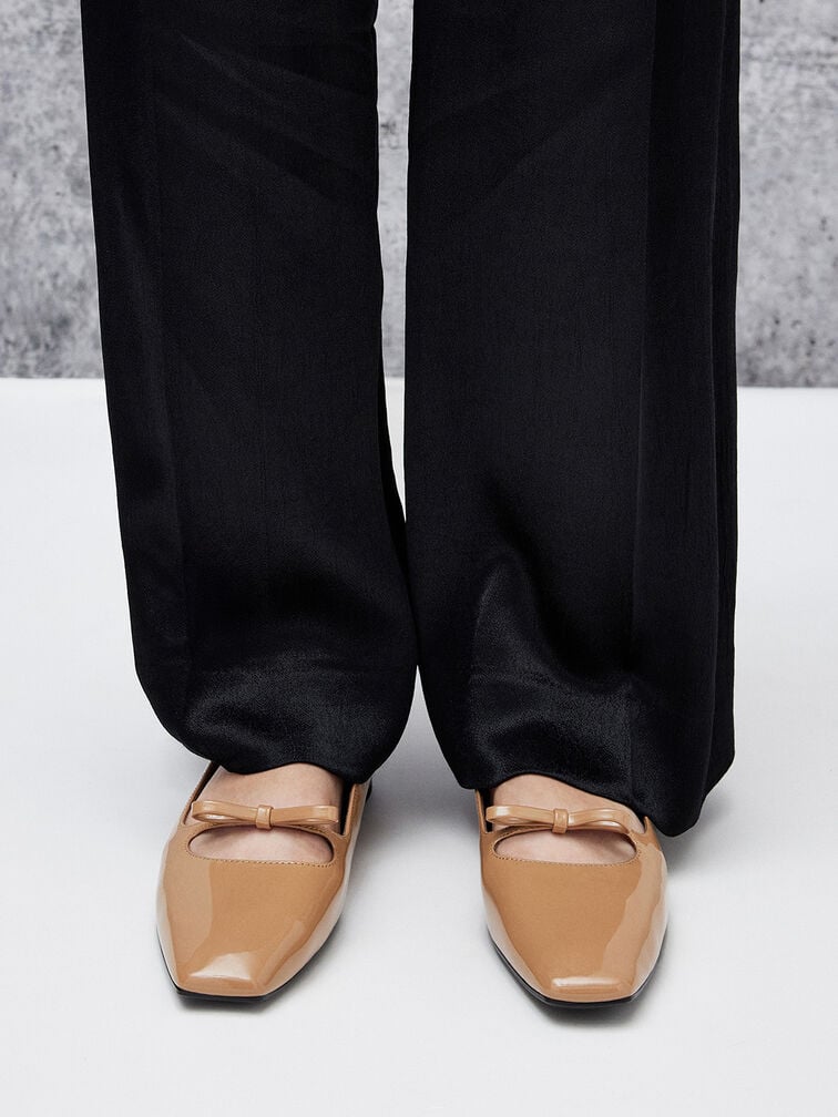 Patent Bow Square-Toe Ballet Flats, Caramel, hi-res