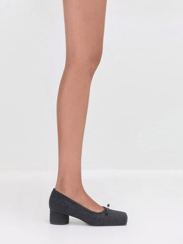 Felt Bow Square-Toe Pumps, Dark Grey, hi-res