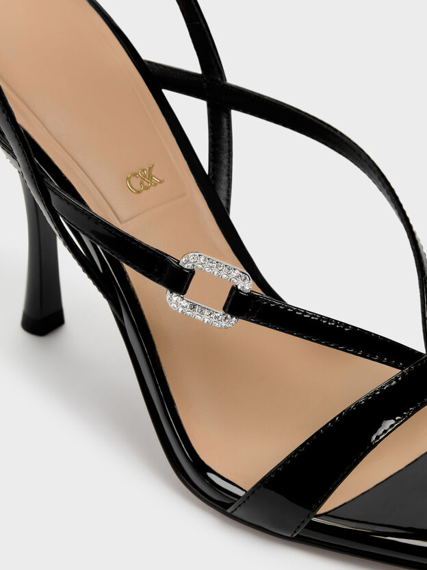 Patent Leather Crystal-Buckle Ankle-Strap Heels, Black Patent, hi-res