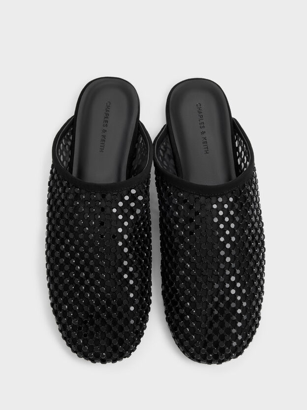 Maggie Mesh Crystal Flat Mules, Black Textured, hi-res