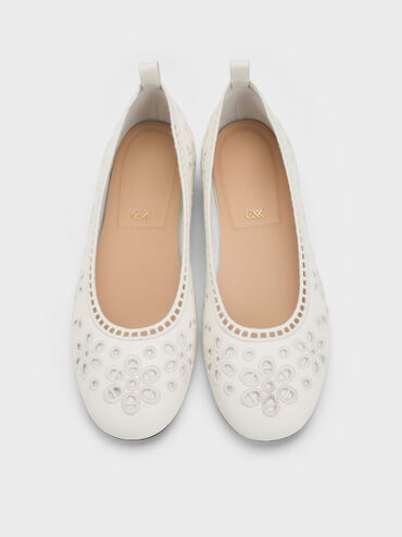 Leather Embroidered Ballet Flats, White, hi-res