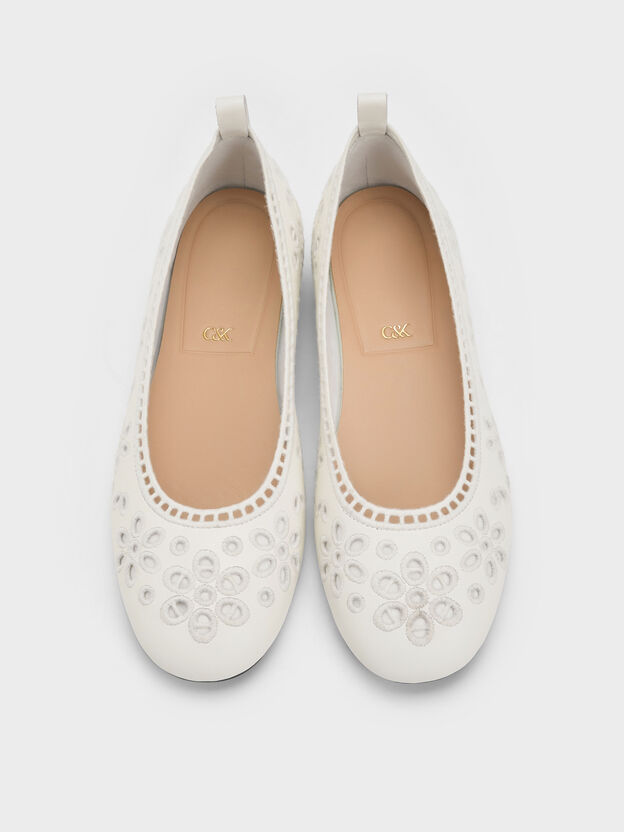 Leather Embroidered Ballet Flats, White, hi-res